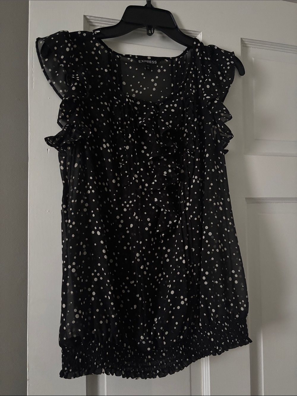 Express Black and White Polka Dot Ruffle Blouse